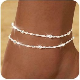FUNEIA Gold Silver Ankle Bracelets for Women Waterproof 14K Gold Plated Anklets for Women Non Tarnish Dainty Layered Beaded Heart Anklet Set Summer Beach Foot Chain Jewelry Gifts Trendy Stuff