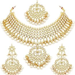 Aheli Indian Traditional Maang Tikka with Kundan Necklace Earrings Set Ethnic Wedding Party Designer Jewelry Gift for Women
