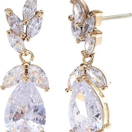 CZ Bridal Earrings for Wedding Women’s Elegant Teardrop Cubic Zirconia Cluster Floral Leaf Crystal Rhinestone Dangle Drop Earring for Bride Bridesmaids Mother of Bride Party Prom Earrings for Girls